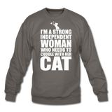 Strong Woman And Her Cat - White - Crewneck Sweatshirt - asphalt gray