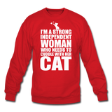 Strong Woman And Her Cat - White - Crewneck Sweatshirt - red