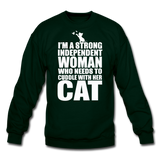 Strong Woman And Her Cat - White - Crewneck Sweatshirt - forest green