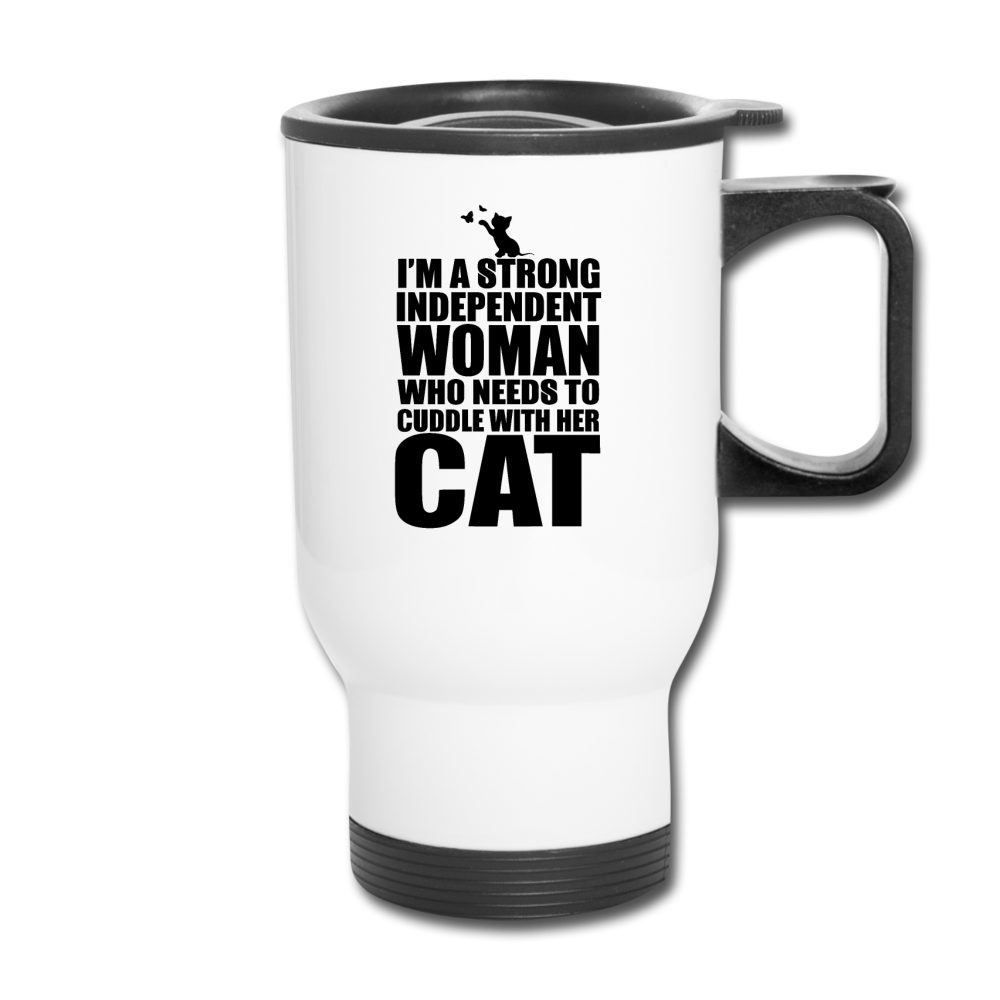 Strong Woman And Her Cat - Black - Travel Mug - white