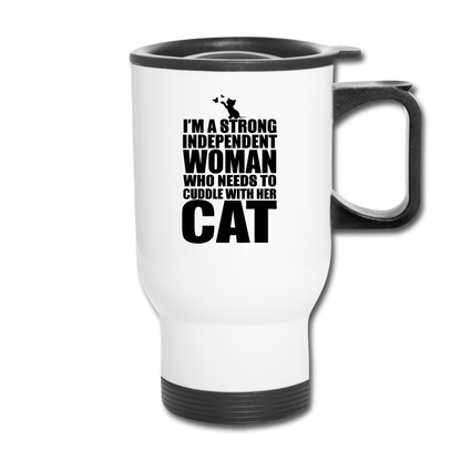 Strong Woman And Her Cat - Black - Travel Mug - white