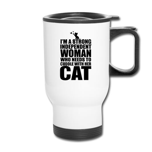 Strong Woman And Her Cat - Black - Travel Mug - white