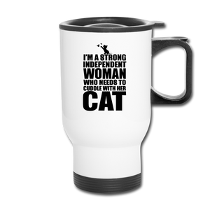 Strong Woman And Her Cat - Black - Travel Mug - white