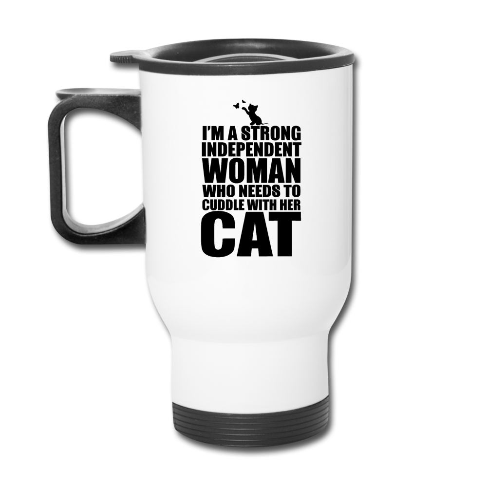 Strong Woman And Her Cat - Black - Travel Mug - white