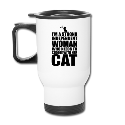 Strong Woman And Her Cat - Black - Travel Mug - white