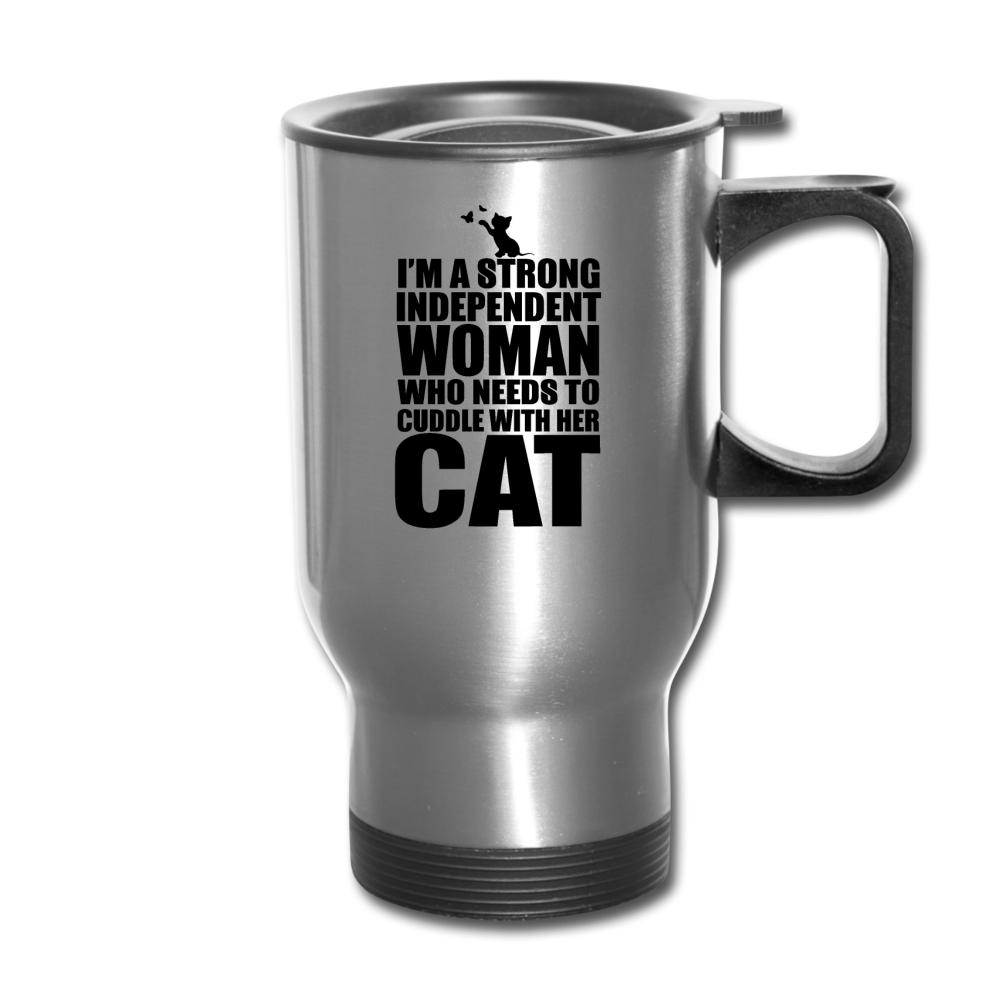 Strong Woman And Her Cat - Black - Travel Mug - silver