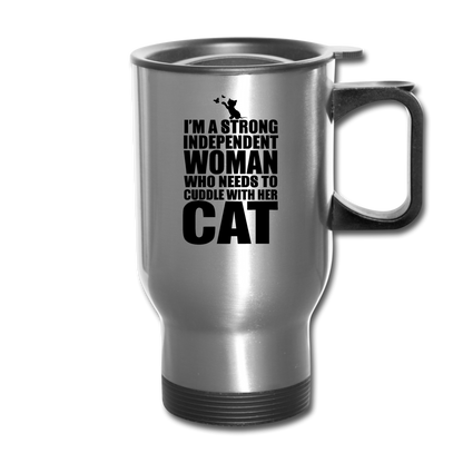 Strong Woman And Her Cat - Black - Travel Mug - silver