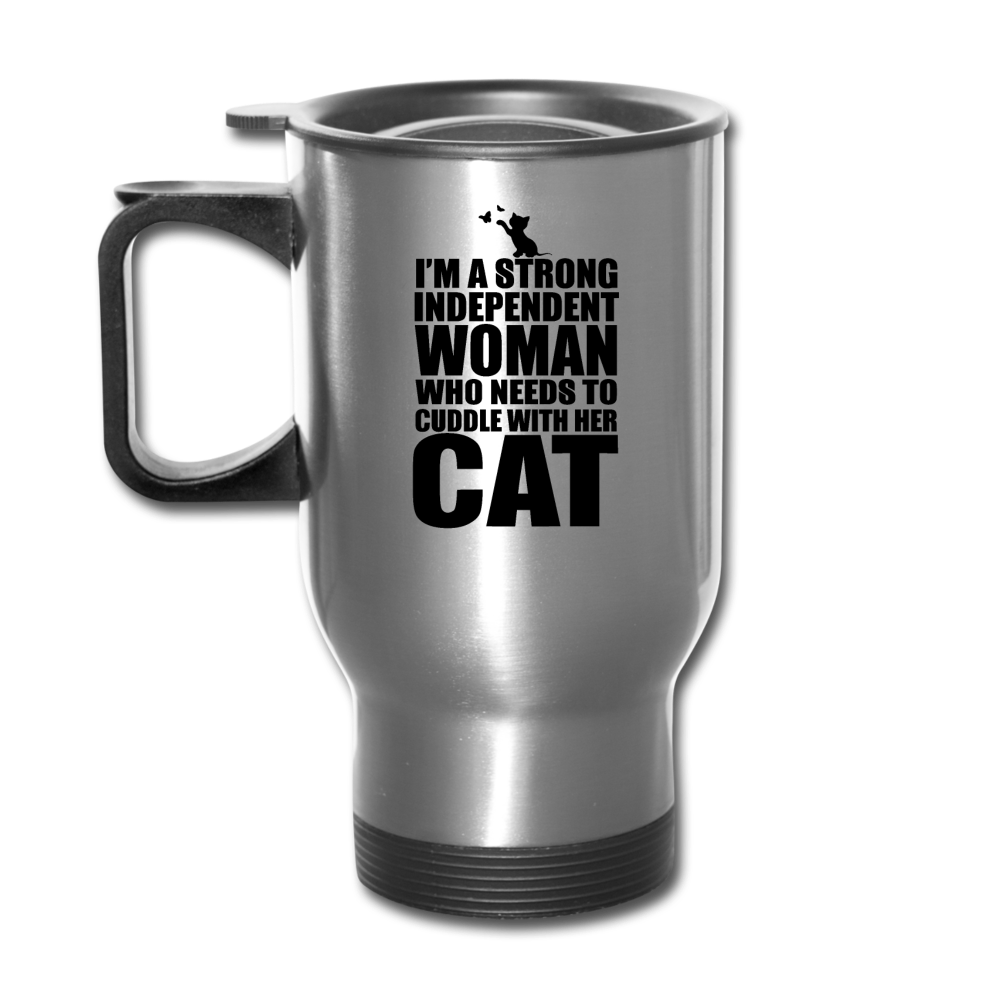 Strong Woman And Her Cat - Black - Travel Mug - silver