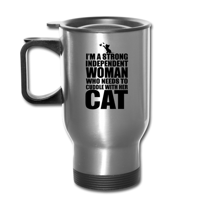 Strong Woman And Her Cat - Black - Travel Mug - silver