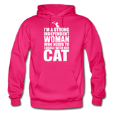 Strong Woman And Her Cat - White - Gildan Heavy Blend Adult Hoodie - fuchsia
