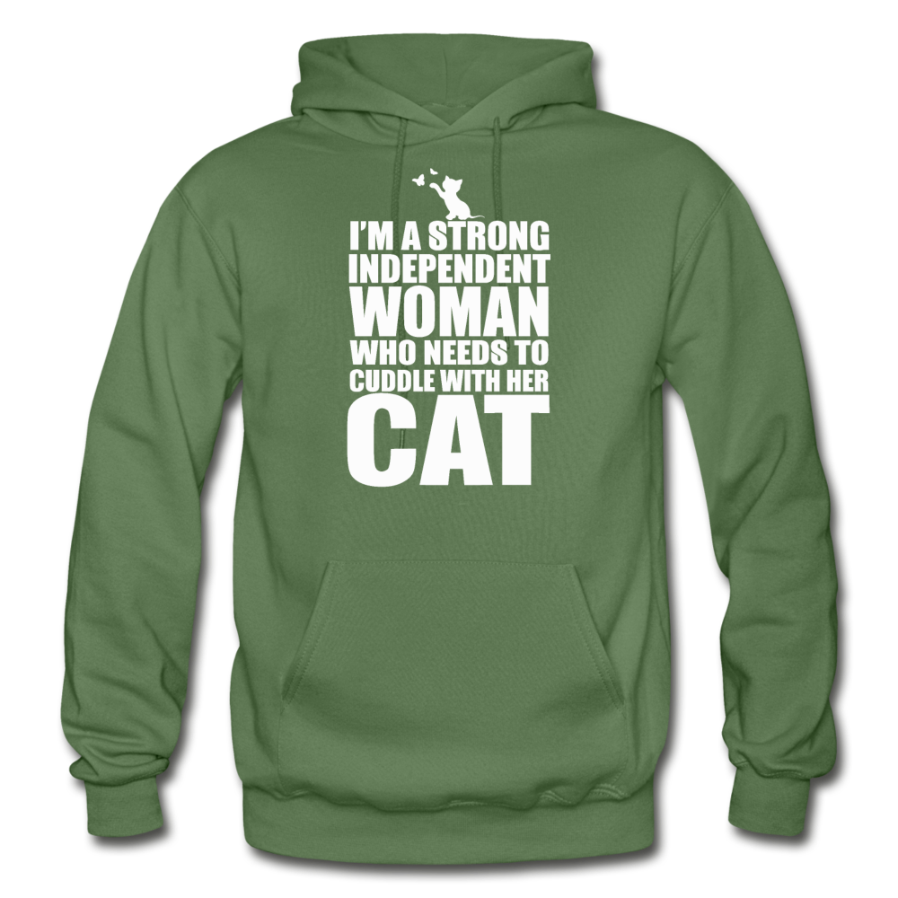 Strong Woman And Her Cat - White - Gildan Heavy Blend Adult Hoodie - military green