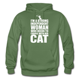 Strong Woman And Her Cat - White - Gildan Heavy Blend Adult Hoodie - military green