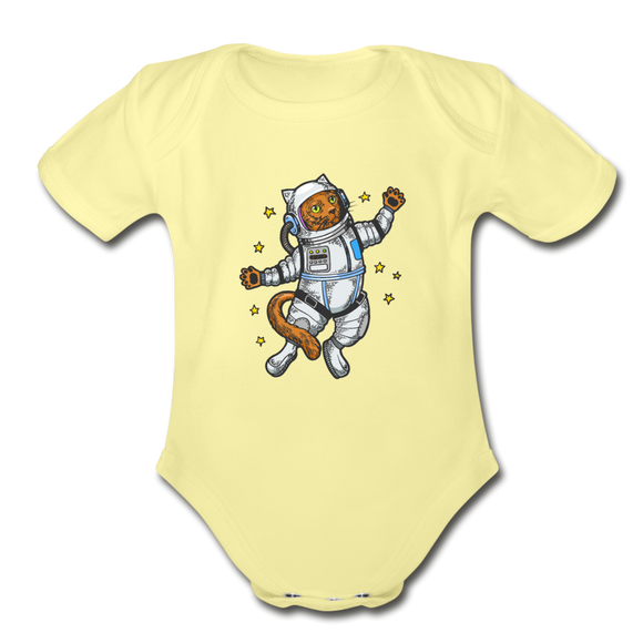 Astronaut Cat - Organic Short Sleeve Baby Bodysuit - washed yellow
