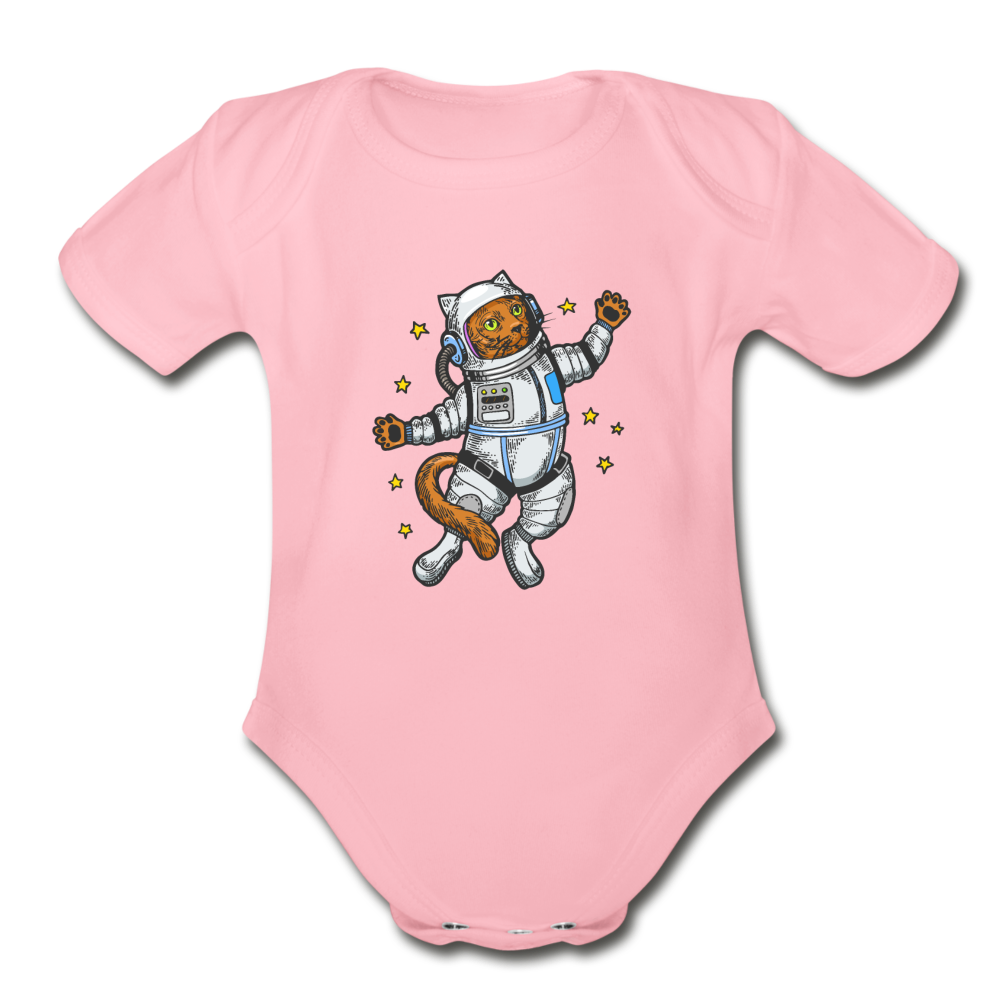 Astronaut Cat - Organic Short Sleeve Baby Bodysuit - light pink