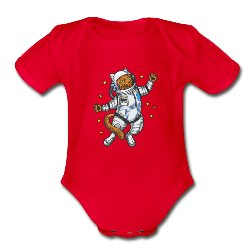 Astronaut Cat - Organic Short Sleeve Baby Bodysuit - red