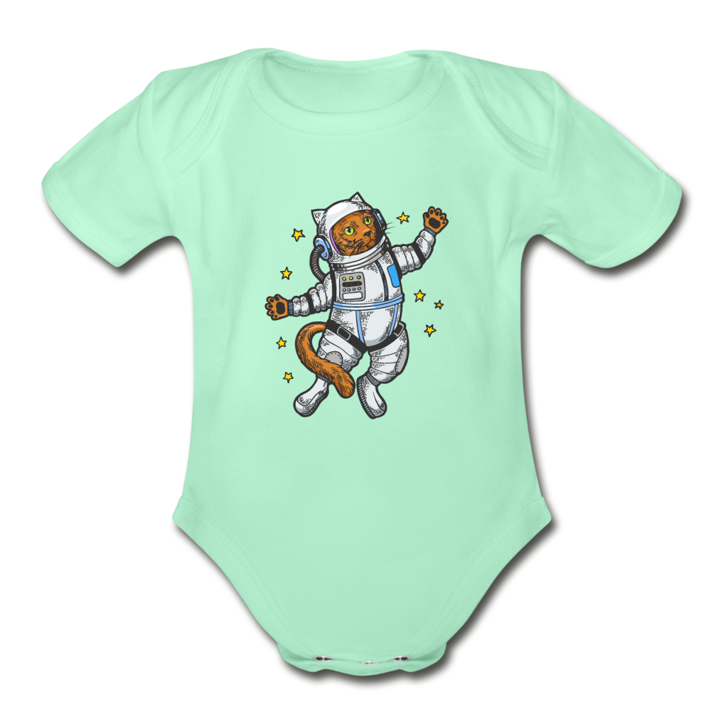 Astronaut Cat - Organic Short Sleeve Baby Bodysuit - light mint