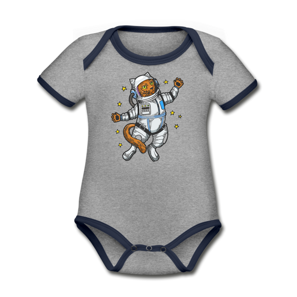 Astronaut Cat - Organic Contrast Short Sleeve Baby Bodysuit - heather gray/navy