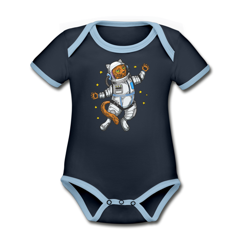 Astronaut Cat - Organic Contrast Short Sleeve Baby Bodysuit - navy/sky