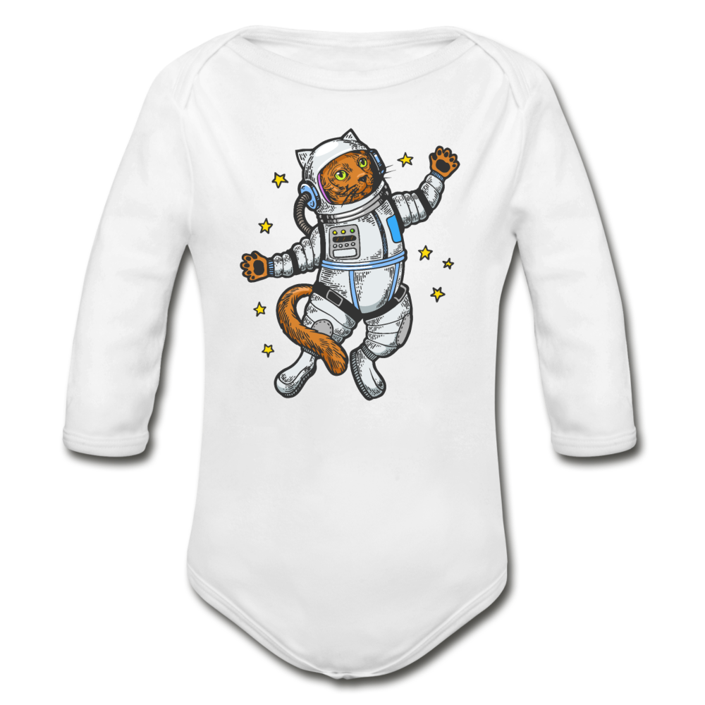 Astronaut Cat - Organic Long Sleeve Baby Bodysuit - white