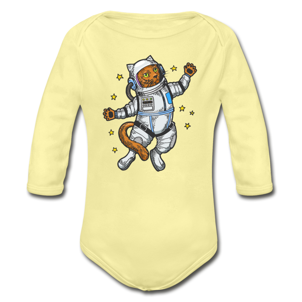 Astronaut Cat - Organic Long Sleeve Baby Bodysuit - washed yellow