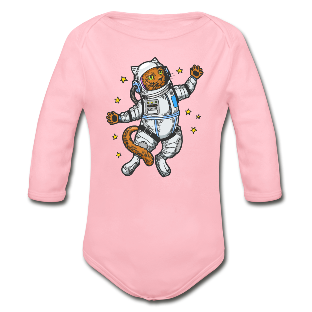 Astronaut Cat - Organic Long Sleeve Baby Bodysuit - light pink