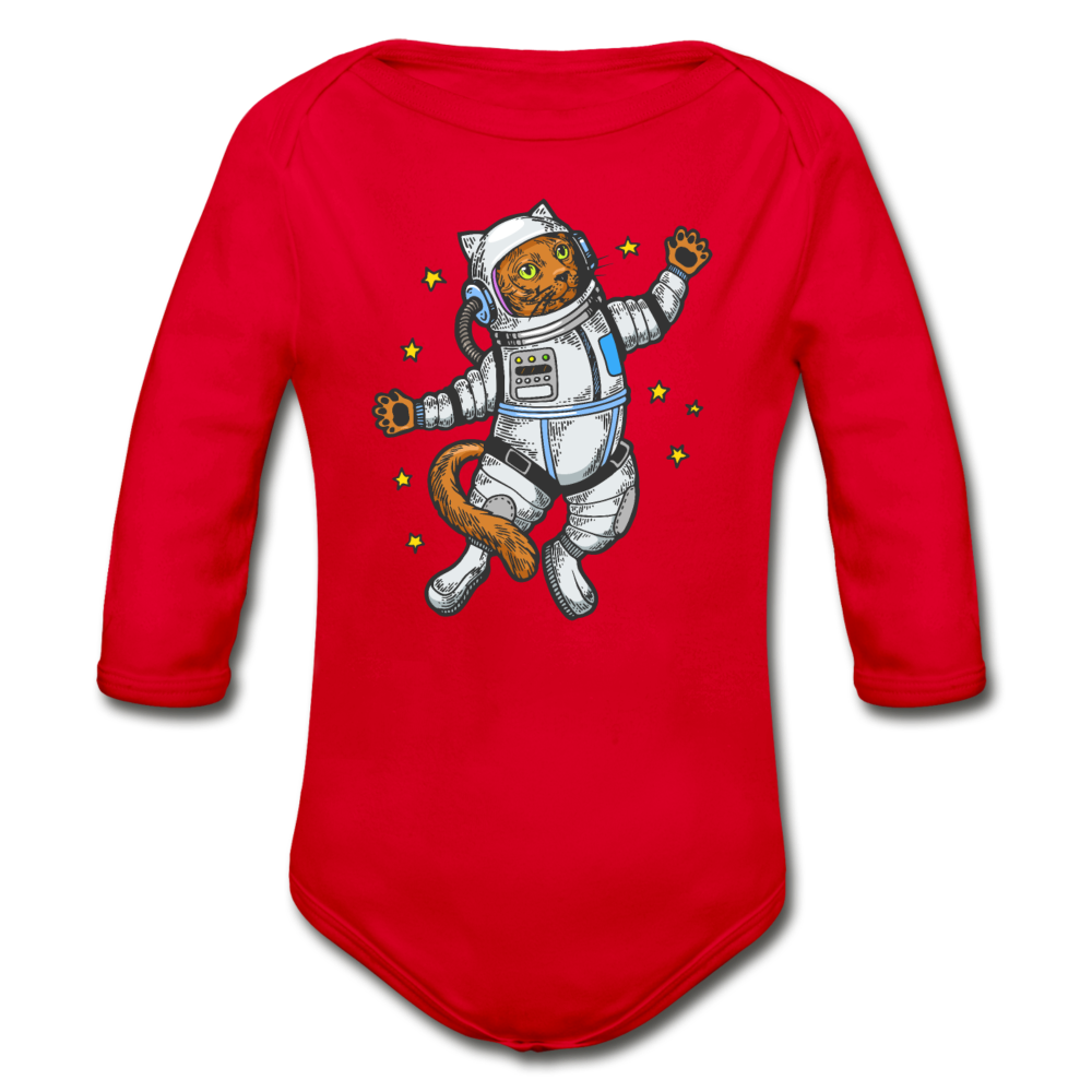 Astronaut Cat - Organic Long Sleeve Baby Bodysuit - red