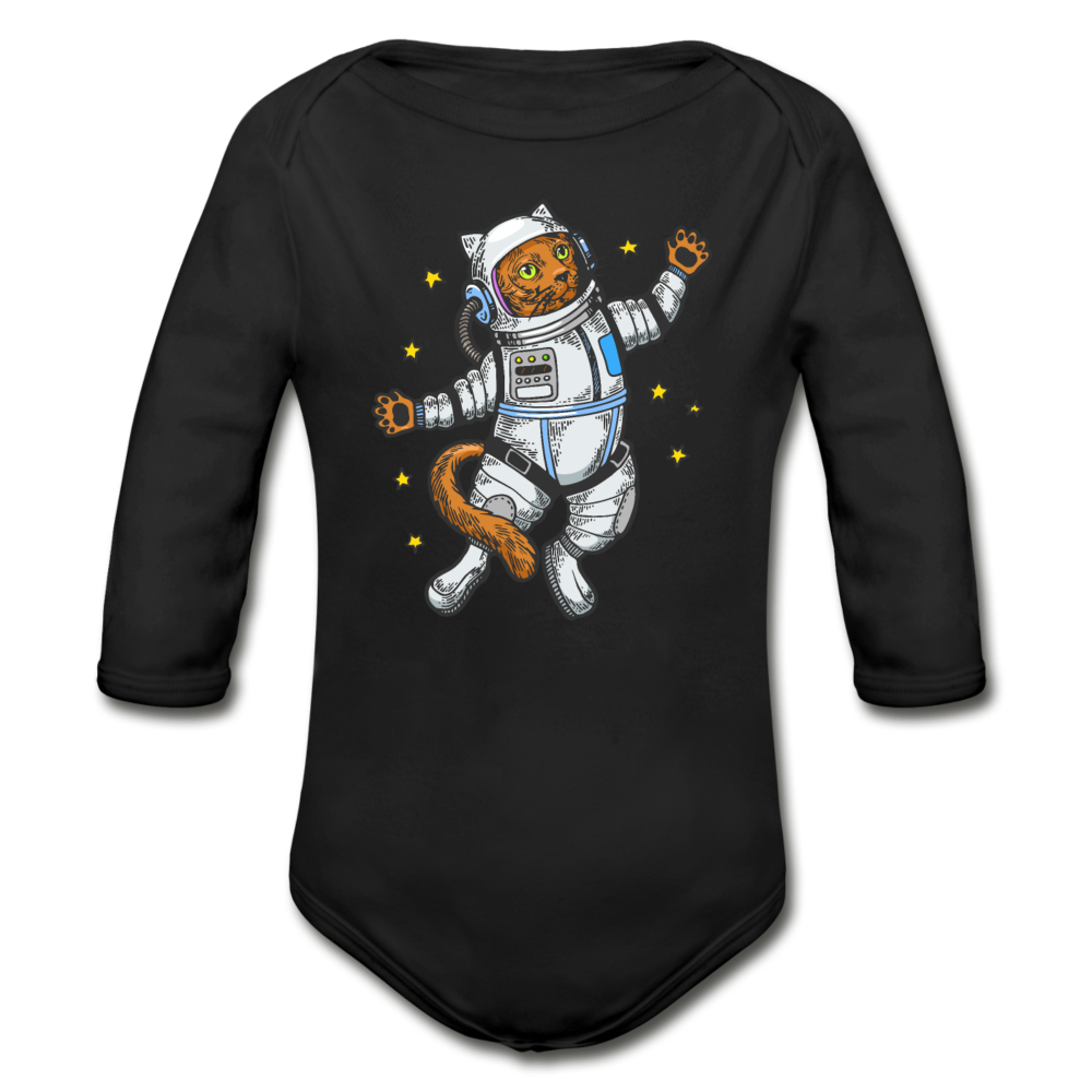 Astronaut Cat - Organic Long Sleeve Baby Bodysuit - black