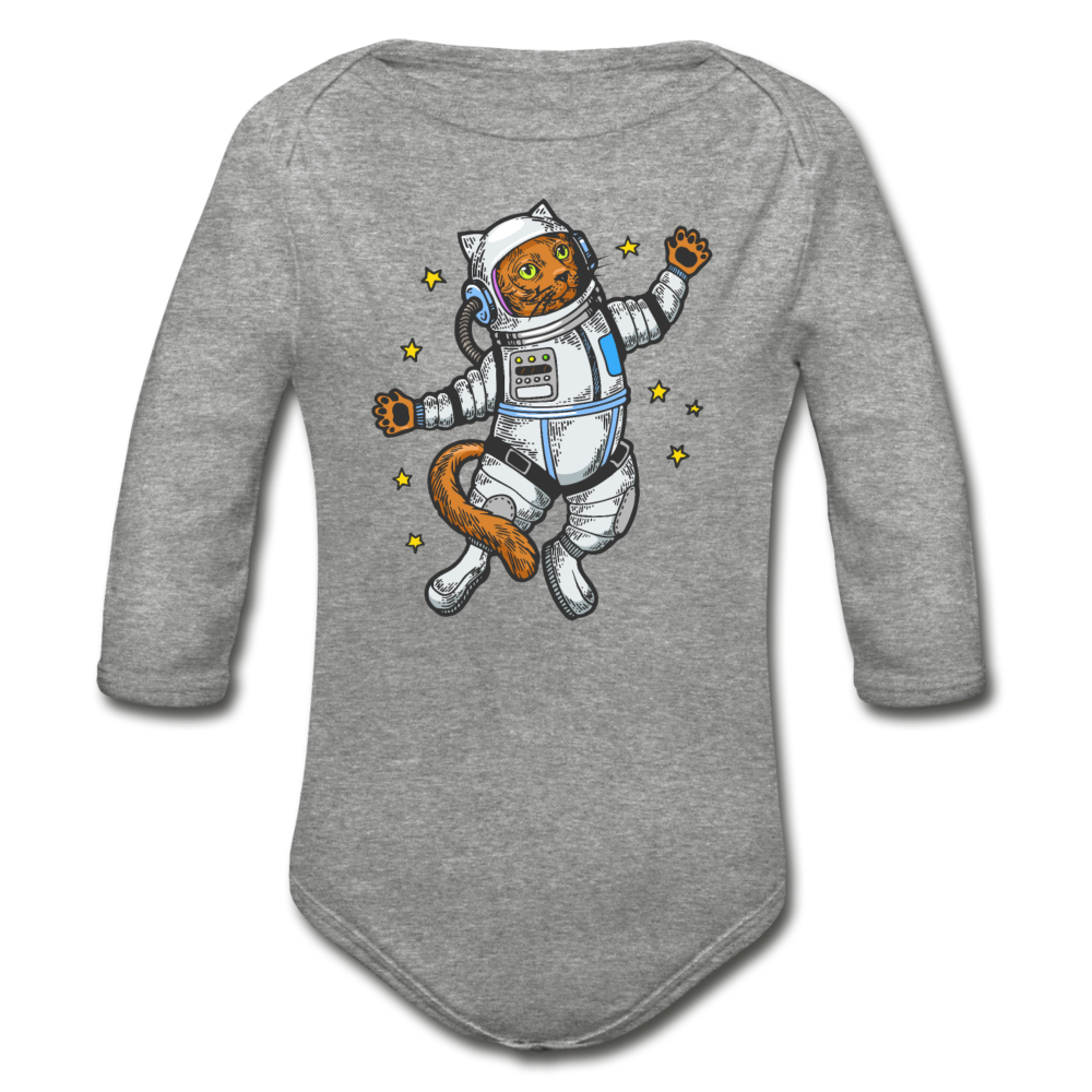 Astronaut Cat - Organic Long Sleeve Baby Bodysuit - heather gray