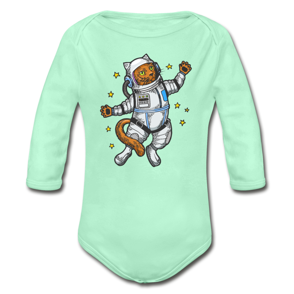 Astronaut Cat - Organic Long Sleeve Baby Bodysuit - light mint