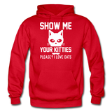 Show Me Your Kitties - White - Gildan Heavy Blend Adult Hoodie - red