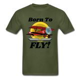 Born To Fly - Red Biplane - Hanes Adult Tagless T-Shirt - military green