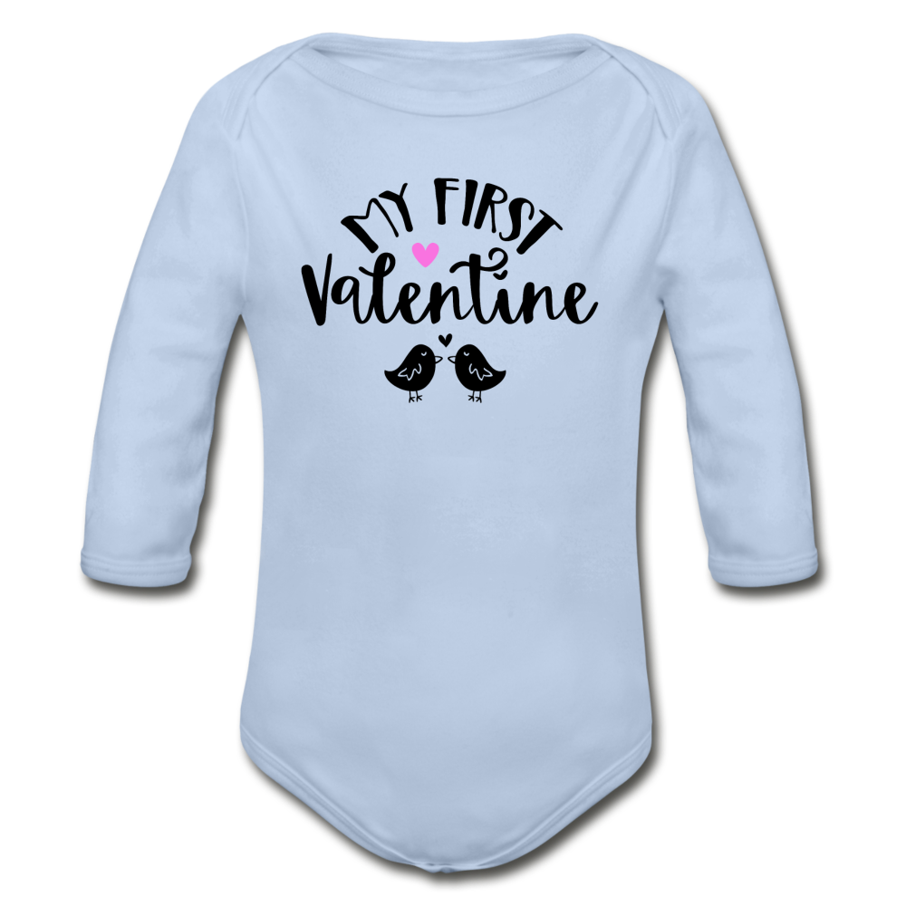 My First Valentine - Organic Long Sleeve Baby Bodysuit - sky