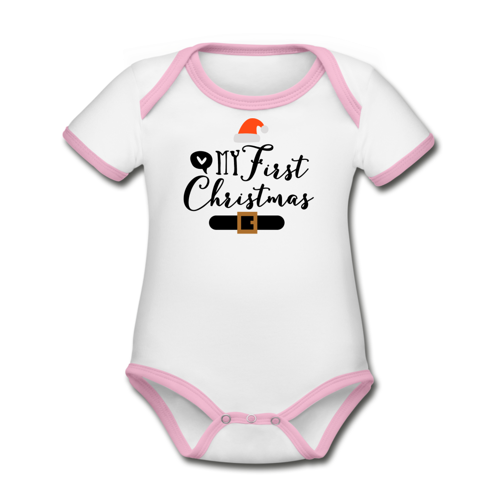 My First Christmas - Organic Contrast Short Sleeve Baby Bodysuit - white/pink