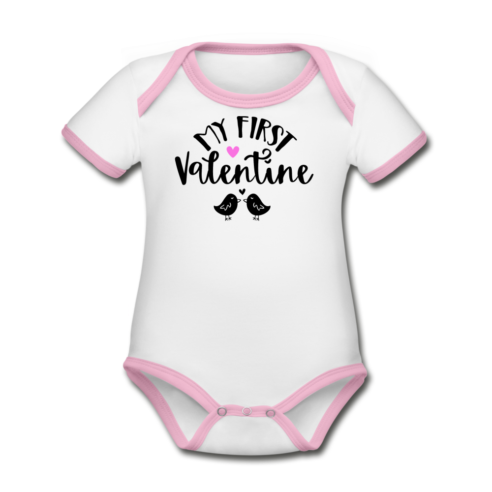 My First Valentine - Organic Contrast Short Sleeve Baby Bodysuit - white/pink