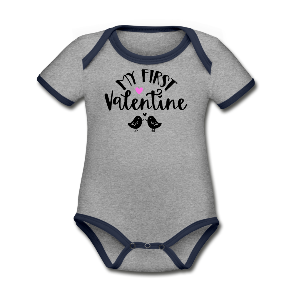 My First Valentine - Organic Contrast Short Sleeve Baby Bodysuit - heather gray/navy