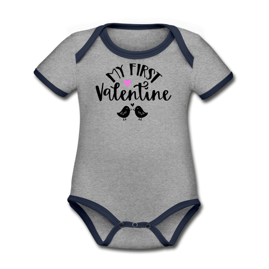 My First Valentine - Organic Contrast Short Sleeve Baby Bodysuit - heather gray/navy