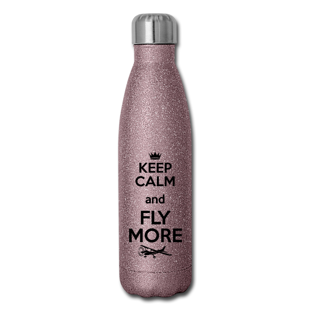 Keep Calm And Fly More - Black - Insulated Stainless Steel Water Bottle - pink glitter