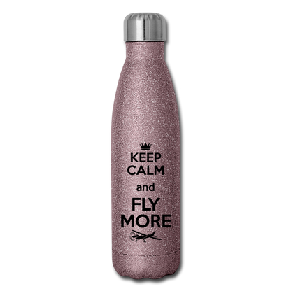 Keep Calm And Fly More - Black - Insulated Stainless Steel Water Bottle - pink glitter