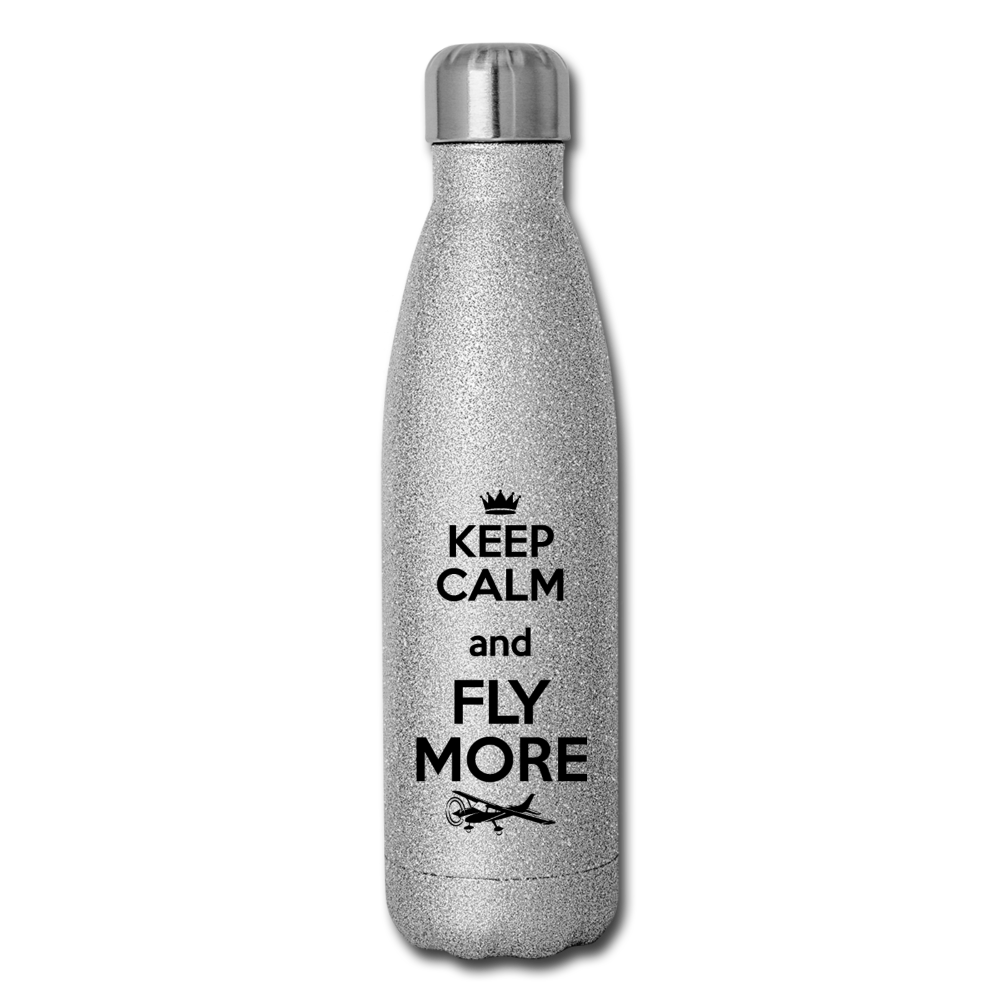 Keep Calm And Fly More - Black - Insulated Stainless Steel Water Bottle - silver glitter