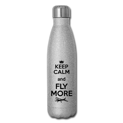 Keep Calm And Fly More - Black - Insulated Stainless Steel Water Bottle - silver glitter