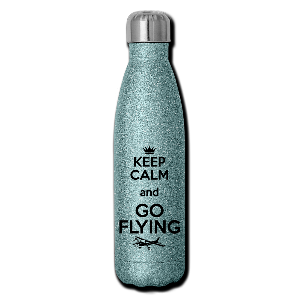 Keep Calm And Go Flying - Black - Insulated Stainless Steel Water Bottle - turquoise glitter