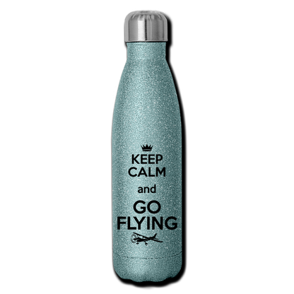 Keep Calm And Go Flying - Black - Insulated Stainless Steel Water Bottle - turquoise glitter