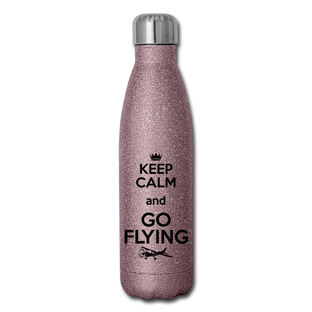 Keep Calm And Go Flying - Black - Insulated Stainless Steel Water Bottle - pink glitter