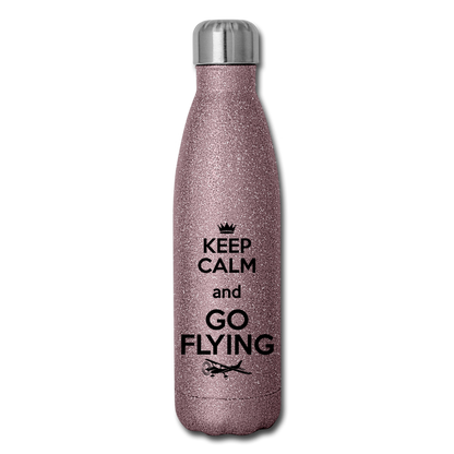 Keep Calm And Go Flying - Black - Insulated Stainless Steel Water Bottle - pink glitter