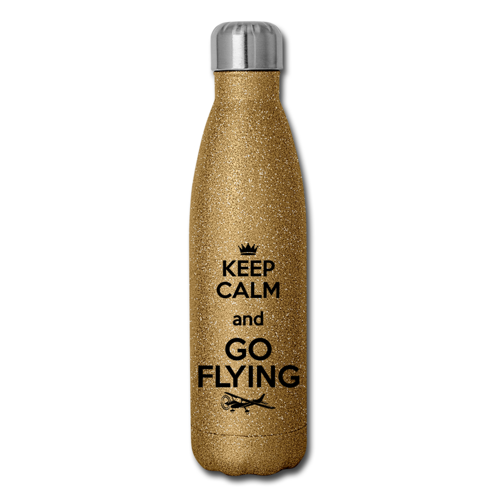 Keep Calm And Go Flying - Black - Insulated Stainless Steel Water Bottle - gold glitter