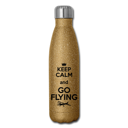 Keep Calm And Go Flying - Black - Insulated Stainless Steel Water Bottle - gold glitter