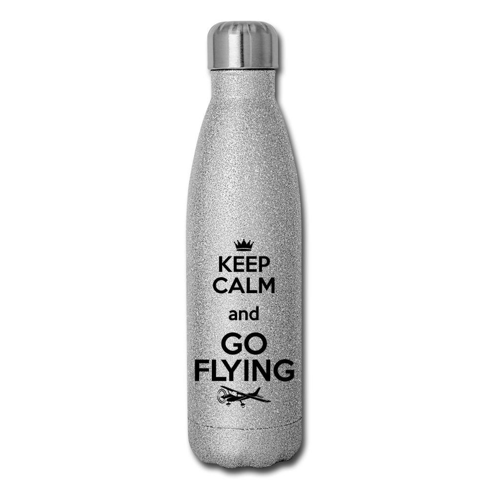 Keep Calm And Go Flying - Black - Insulated Stainless Steel Water Bottle - silver glitter