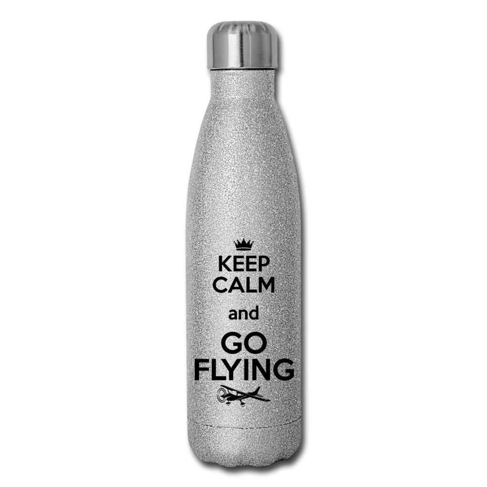 Keep Calm And Go Flying - Black - Insulated Stainless Steel Water Bottle - silver glitter