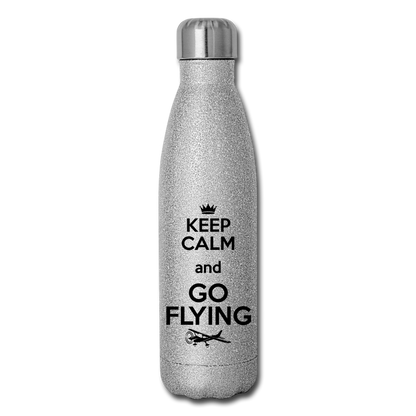 Keep Calm And Go Flying - Black - Insulated Stainless Steel Water Bottle - silver glitter