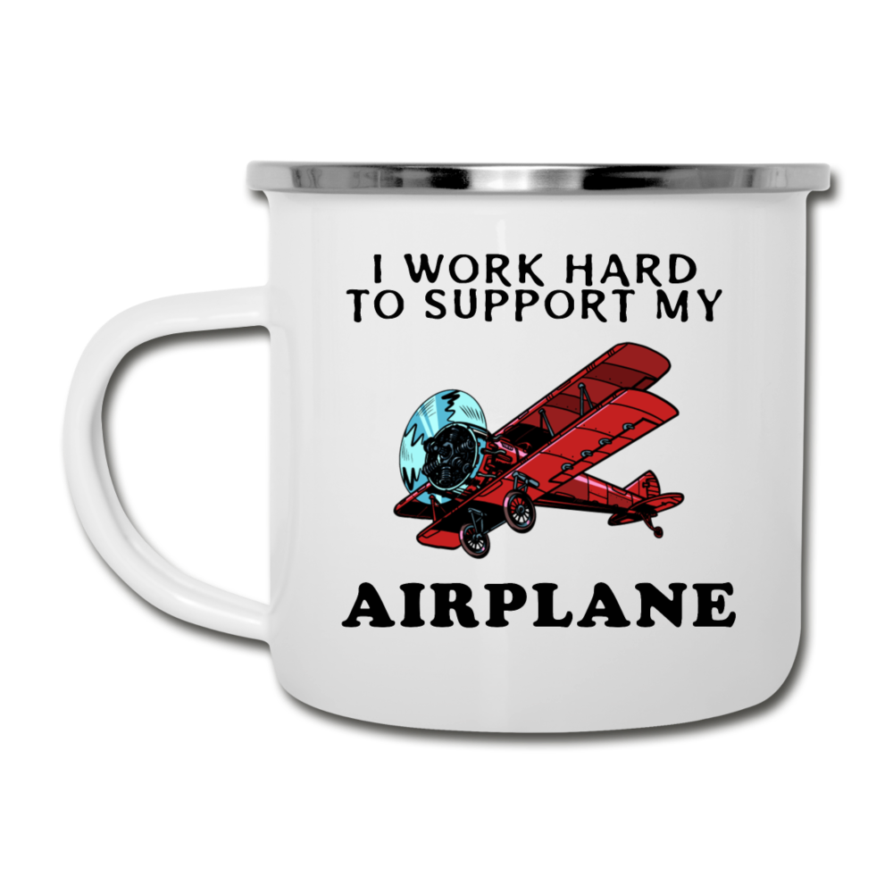 I Work Hard To Support My Airplane - Red - Camper Mug - white